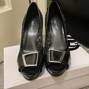 Nine West black sheer lace buckle heel